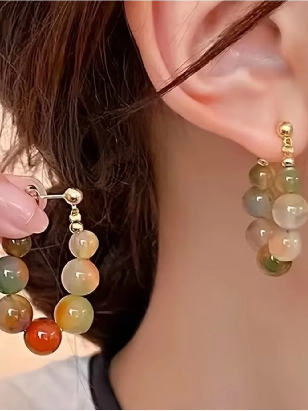 Gold Hoop Earrings with Multicolor Agate Beads fashion earrings